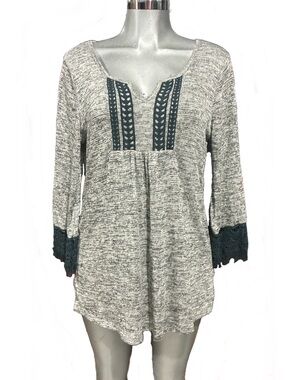 One World Knit Tunic Top Marble Gray Crochet Details Fringe Cuffs Large Bohemian
